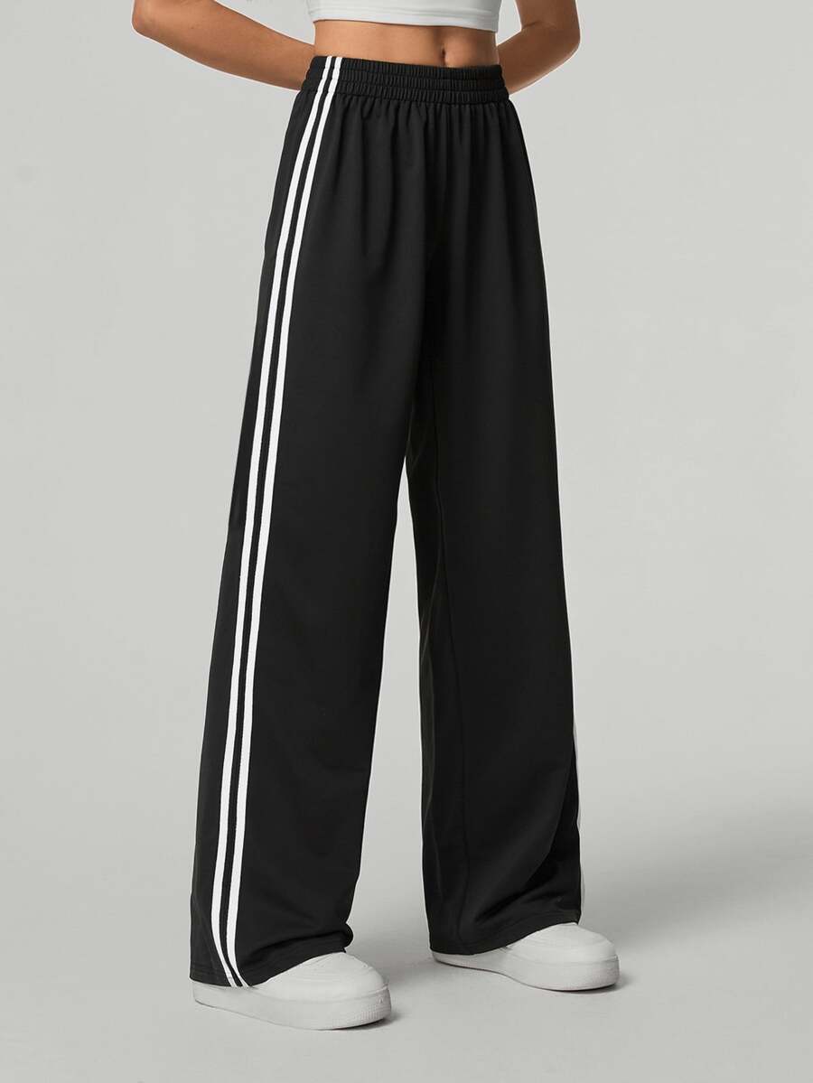 SHEIN Tall 休閒黑白條紋側條紋長褲 素色時尚款 女教師畢業返校穿搭 高個女性適用 秋冬 - 黑色 - 查看 1