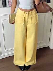 Rivivi Women's Pocket Button Casual Cute Versatile Daily Wear Denim Jeans Vacation Pale Yellow ,Fall/Winter - Yellow - View 3
