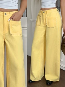 Rivivi Women's Pocket Button Casual Cute Versatile Daily Wear Denim Jeans Vacation Pale Yellow ,Fall/Winter - Yellow - View 1