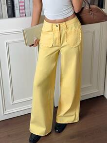 Rivivi Women's Pocket Button Casual Cute Versatile Daily Wear Denim Jeans Vacation Pale Yellow ,Fall/Winter - Yellow - View 4