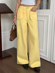 Rivivi Women's Pocket Button Casual Cute Versatile Daily Wear Denim Jeans Vacation Pale Yellow ,Fall/Winter - Yellow - View 8