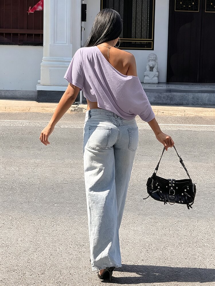 Slaydiva Women's White Summer Fashion Slouchy Casual Asymmetrical Neck Ruched Waist Loose Drop Shoulder Short Sleeve T-Shirt Top-A - Mauve Purple - View 2