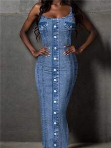 Slaydiva Casual Minimalist Light Blue Denim Effect Plus Size Dress, Suitable For Spring/Summer Outings, Dates, Vacations Fall - Multicolor - View 4