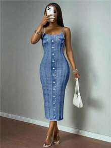 Slaydiva Casual Minimalist Light Blue Denim Effect Plus Size Dress, Suitable For Spring/Summer Outings, Dates, Vacations Fall - Multicolor - View 3