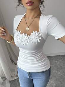 Rafferiza Women's Solid Color 3D Flower U-Neck Ruched Detail Short Sleeve T-Shirt - White - View 5