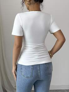 Rafferiza Women's Solid Color 3D Flower U-Neck Ruched Detail Short Sleeve T-Shirt - White - View 2
