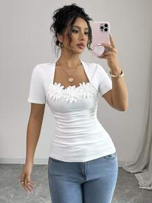 Rafferiza Women's Solid Color 3D Flower U-Neck Ruched Detail Short Sleeve T-Shirt - White - View 6