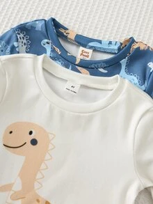 Cozy Pixies طقم بيجامة ضيق للأولاد الصغار، نمط حيوانات كرتونية محبوك ناعم بياقة طاقم وأكمام طويلة وبنطال طويل ضيق ملابس منزلية - ازرق ضبابي - مشاهدة 3