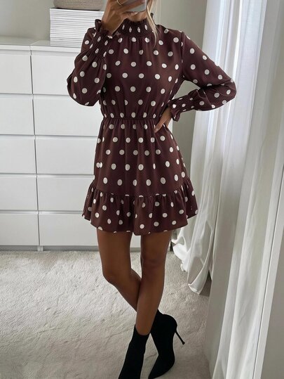 Easowa Wood Ear Collar Ruched Ruffle Hem Cinched Waist A-Line Long Sleeve Dress, Vintage Polka Dot Print Casual Relaxed Elegant Commuter Old Money Style Autumn/Winter Women's Short Dress