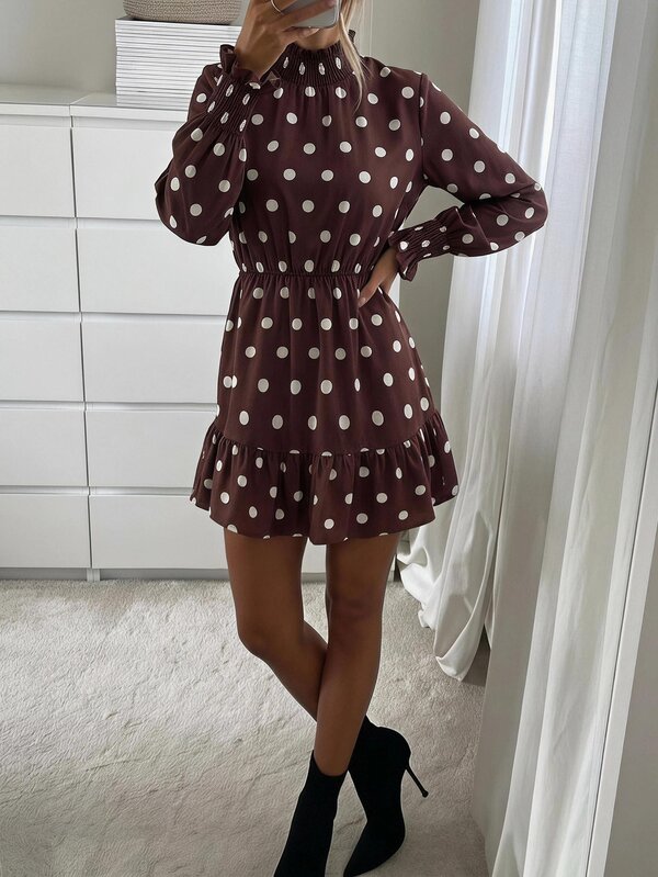 Easowa Wood Ear Collar Ruched Ruffle Hem Cinched Waist A-Line Long Sleeve Dress, Vintage Polka Dot Print Casual Relaxed Elegant Commuter Old Money Style Autumn/Winter Women's Short Dress