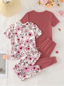 SHEIN LMoss Kids 女童休閒簡約修身舒適圓領短袖長褲家居服套裝，適合春夏，2套裝 - 彩色 - 查看 2