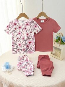 SHEIN LMoss Kids 女童休閒簡約修身舒適圓領短袖長褲家居服套裝，適合春夏，2套裝 - 彩色 - 查看 4