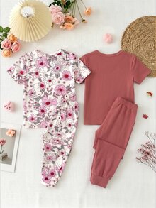 SHEIN LMoss Kids 女童休閒簡約修身舒適圓領短袖長褲家居服套裝，適合春夏，2套裝 - 彩色 - 查看 3