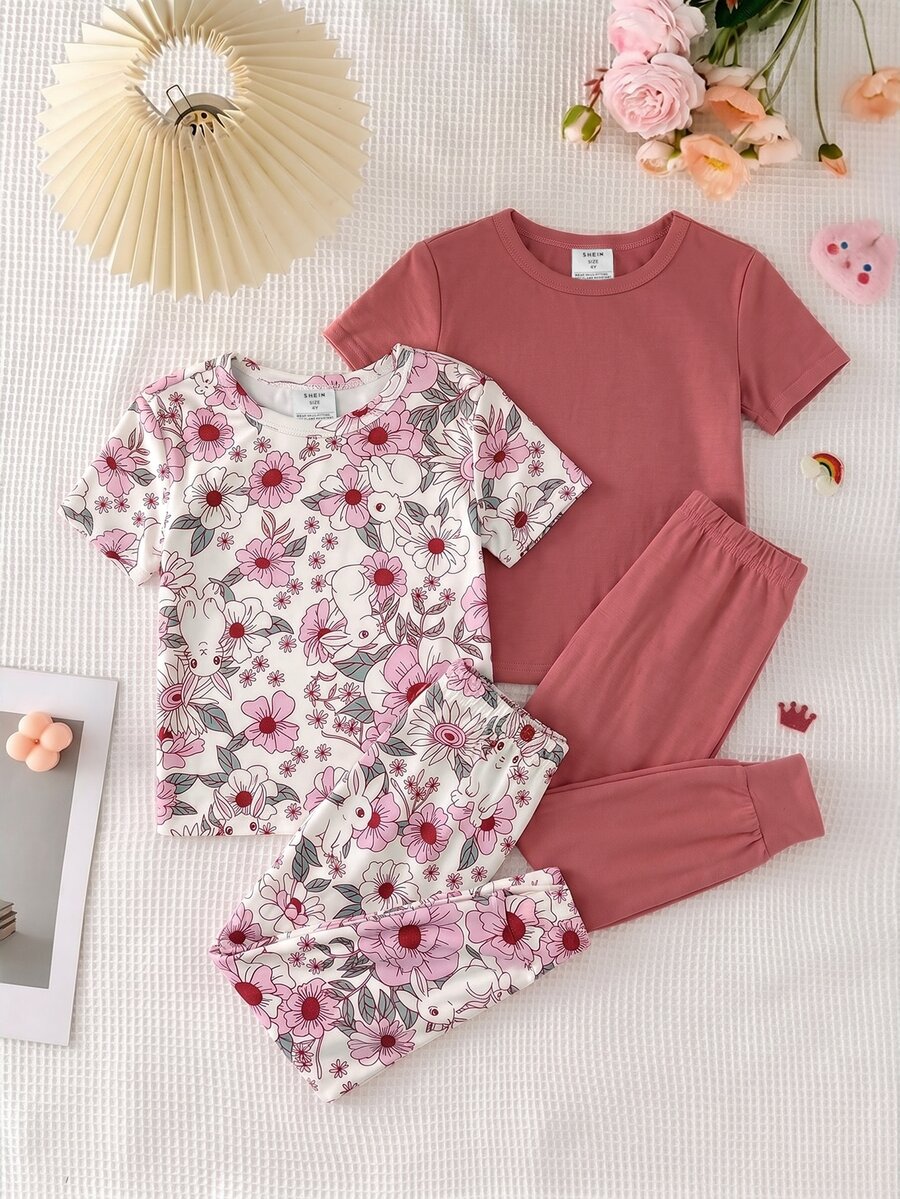 SHEIN LMoss Kids 女童休閒簡約修身舒適圓領短袖長褲家居服套裝,適合春夏,2套裝 - 彩色 - 查看 1