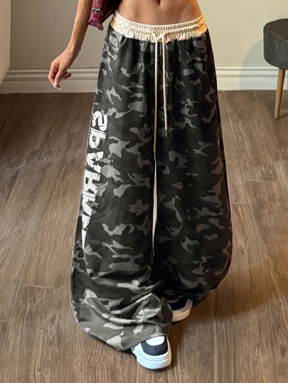 Muchica Pantalones de chándal holgados con estampado de camuflaje punk atlético vintage de estilo urbano, gris, para escuela, picnic, maestro, verano, disfraz de Halloween, vuelta al cole y campus