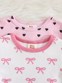 Cozy Pixies 女嬰貼身睡衣套裝，蝴蝶結圖案針織柔軟圓領長袖套頭上衣，鬆緊腰長褲，緊身盲盒 4 套隨機發 2 套 - 粉色 - 查看 4