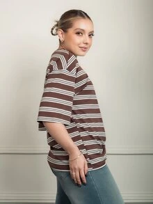 Ximena Robles Ximena Robles 女款棕色條紋寬鬆短袖T恤，夏季新品休閒款 - 棕色 - 查看 5
