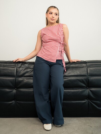 Ximena Robles Ximena Robles Retro Plaid Round Neck Design Sense College Style Sexy Girl Sleeveless Shirt, Summer New Tie-Up Slim Fit Delicate Girly Sweet Blouse For Women Red