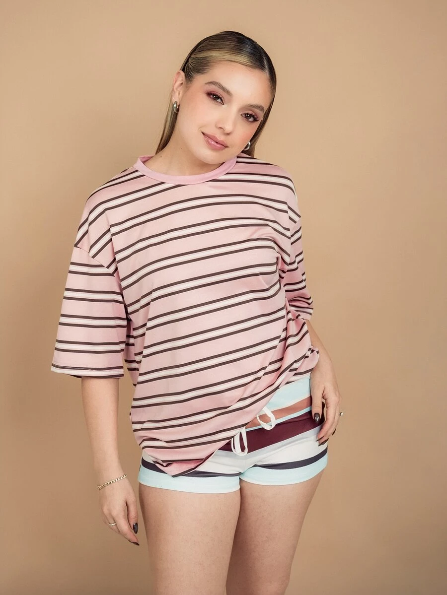 Ximena Robles Ximena Robles Kaos Wanita Lengan Pendek Longgar Bergaris Merah Muda, Koleksi Terbaru untuk Musim Panas, Atasan Kasual Merah Muda - Berwarna merah muda - View 1