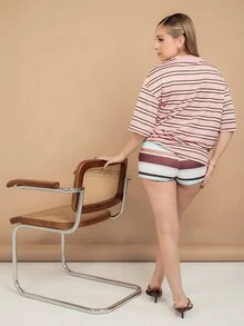 Ximena Robles Ximena Robles Kaos Wanita Lengan Pendek Longgar Bergaris Merah Muda, Koleksi Terbaru untuk Musim Panas, Atasan Kasual Merah Muda - Berwarna merah muda - View 5