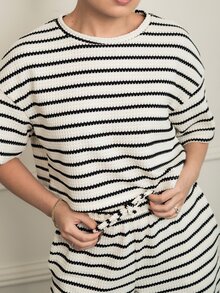 Ximena Robles Ximena Robles Women's Summer New Textured Striped Loose Short Sleeve T-Shirt And Pants Set Elegant - Apricot - View 3