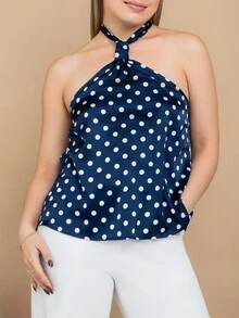 Ximena Robles Women's Casual Vacation Halter Neck Tie Polka Dot Top Summer - Navy Blue - View 3