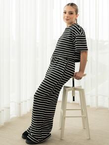 Ximena Robles Ximena Robles Women's Summer New Textured Black Striped Loose Short Sleeve T-Shirt And Pants Set Elegant - Black - View 6