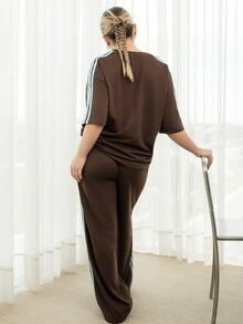 Ximena Robles Ximena Robles Women's Summer New Vintage Brown Woven Strap Patchwork Casual Loose 2 Pieces Set Elegant - Brown - View 2