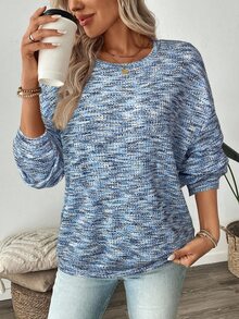 SHEIN LUNE 女式彩色华夫格针织套头衫，秋季 - 藍色 - 查看 6