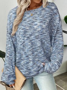 SHEIN LUNE 女式彩色华夫格针织套头衫，秋季 - 藍色 - 查看 2