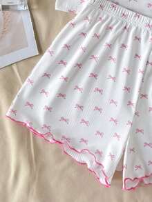 SHEIN 4件組隨機發貨 2件發送 青少年女孩簡約花卉圖案緞帶蝴蝶結飾邊吊帶背心短褲舒適休閒粉色蝴蝶結修身睡衣套裝 2件組 - 粉色 - 查看 3