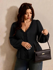 Elaquor Plus Size Fashion Lace Patchwork Ruffle Hem Long Sleeve Blouse Fall/Winter Casual Daily Going Out Blouse For Women Casual Office Business Work Blouse - Black - View 5