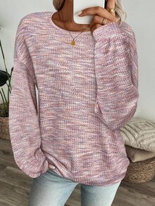 SHEIN LUNE Women's Colorful Waffle Knit Pullover Sweatshirt, Autumn,Fall - Pink - View 7