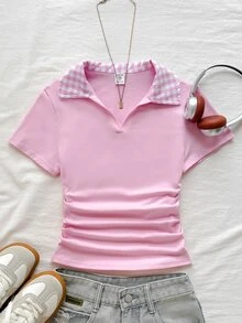SHEIN 青少年女孩休閒校園風拼色格紋領針織收腰T恤上衣，對比滾邊袖 Polo 衫，青少年女孩返校穿搭 - 粉色 - 查看 4