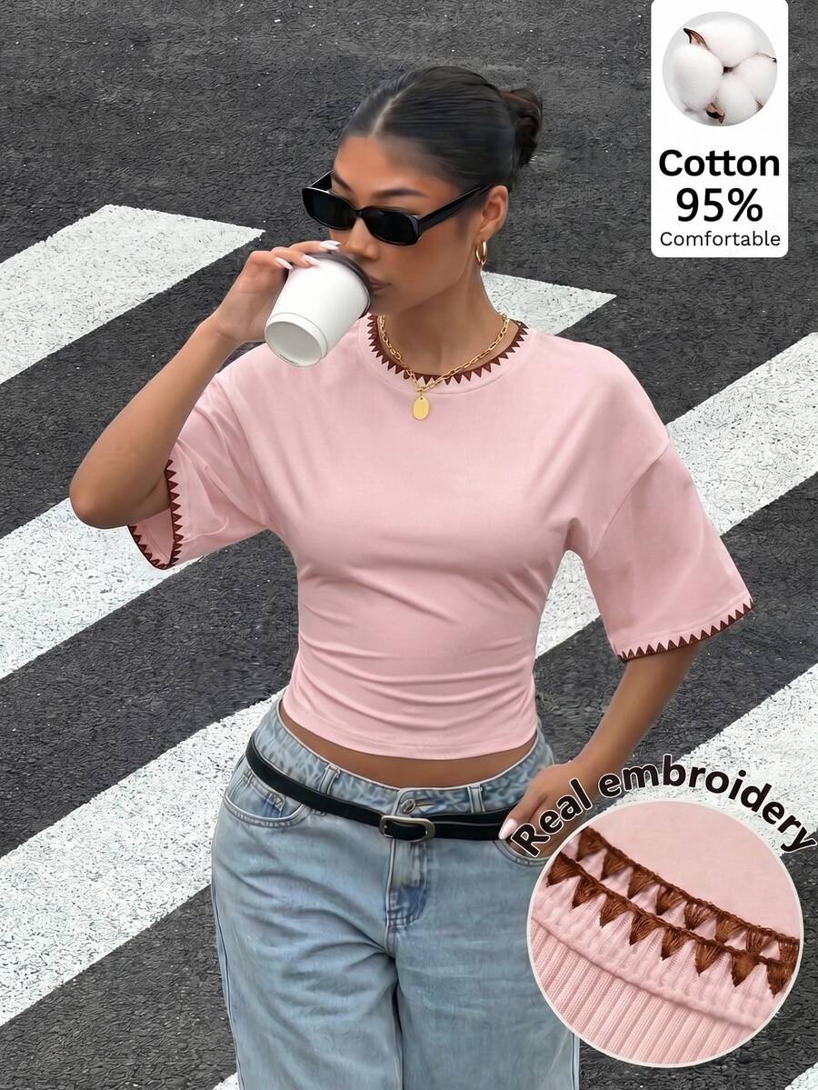 Muchica Personalized Embroidered Shell Contrast Trim Women's Summer New Pink And Brown Short Sleeve T-Shirt Top, Suitable For Daily Commute Everyday, Dating - Multicolor - View 1