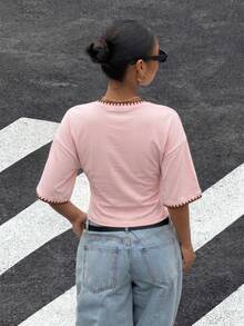 Muchica Personalized Embroidered Shell Contrast Trim Women's Summer New Pink And Brown Short Sleeve T-Shirt Top, Suitable For Daily Commute Everyday, Dating - Multicolor - View 2