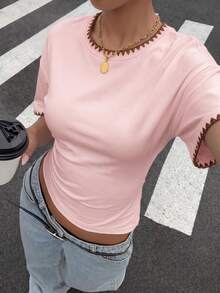 Muchica Personalized Embroidered Shell Contrast Trim Women's Summer New Pink And Brown Short Sleeve T-Shirt Top, Suitable For Daily Commute Everyday, Dating - Multicolor - View 4