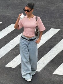 Muchica Personalized Embroidered Shell Contrast Trim Women's Summer New Pink And Brown Short Sleeve T-Shirt Top, Suitable For Daily Commute Everyday, Dating - Multicolor - View 3