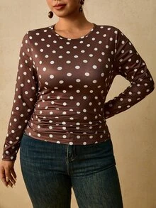 Travachic 大尺碼女款黑色長袖圓領保暖底層上衣，抓皺腰部 T-shirt 冬季款 - 棕色 - 查看 6