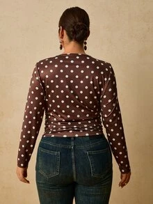 Travachic 大尺碼女款黑色長袖圓領保暖底層上衣，抓皺腰部 T-shirt 冬季款 - 棕色 - 查看 2