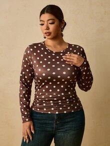 Travachic 大尺碼女款黑色長袖圓領保暖底層上衣，抓皺腰部 T-shirt 冬季款 - 棕色 - 查看 3