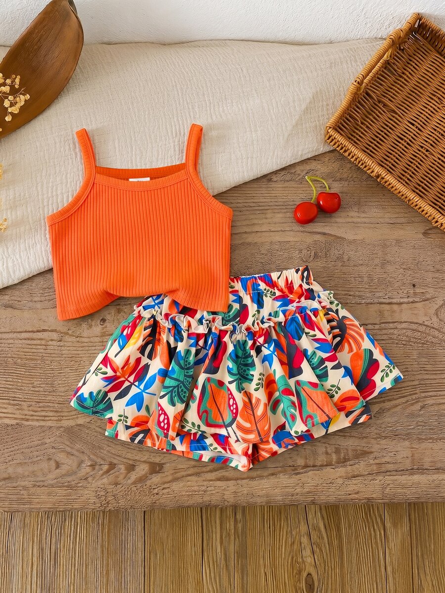 SHEIN Baby Girl Solid Color Knit Camisole Top And Ditsy Floral Shorts Set Vacation Orange Summer , - Multicolor - View 1