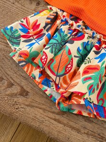 SHEIN Baby Girl Solid Color Knit Camisole Top And Ditsy Floral Shorts Set Vacation Orange Summer , - Multicolor - View 6