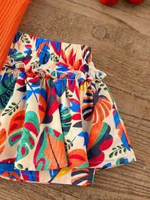 SHEIN Baby Girl Solid Color Knit Camisole Top And Ditsy Floral Shorts Set Vacation Orange Summer , - Multicolor - View 3