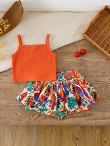 SHEIN Baby Girl Solid Color Knit Camisole Top And Ditsy Floral Shorts Set Vacation Orange Summer , - Multicolor - View 2