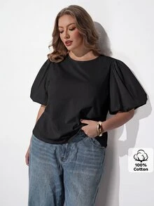 Maija 大尺碼黑色圓領泡泡袖公主袖女款T恤 夏季復古休閒優雅 老錢風時尚 正式早午餐辦公穿搭 - 黑色 - 查看 7