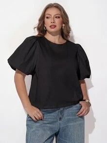 Maija 大尺碼黑色圓領泡泡袖公主袖女款T恤 夏季復古休閒優雅 老錢風時尚 正式早午餐辦公穿搭 - 黑色 - 查看 5