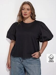 Maija 大尺碼黑色圓領泡泡袖公主袖女款T恤 夏季復古休閒優雅 老錢風時尚 正式早午餐辦公穿搭 - 黑色 - 查看 2
