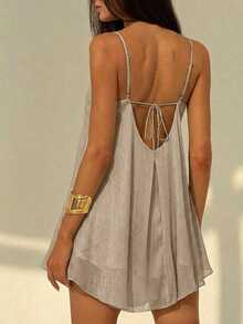 Aloruh Women's Deep V-Neck Spaghetti Strap A-Line Flowy Ruffle Hem Dress, Apricot Color - Camel - View 2