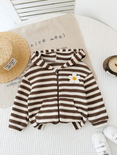 LMoss Kids Lmoss Baby Girl Brown Striped Hooded Casual Cute Versatile Daily Outing Winter Sweatshirt Autumn,